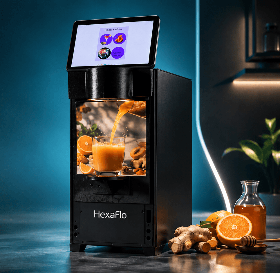 HexaFlo smart beverage dispenser with touchscreen and fresh drink ingredients